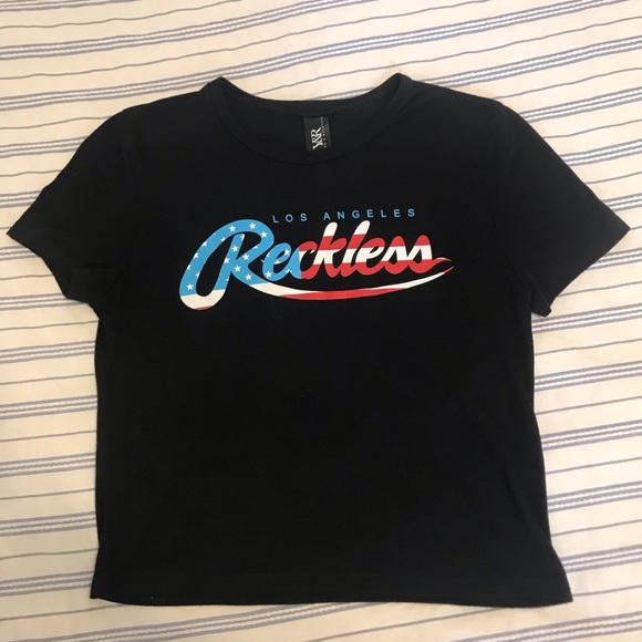 Young & Reckless Tops - Black, Los Angeles Reckless tee, American flag lettering
